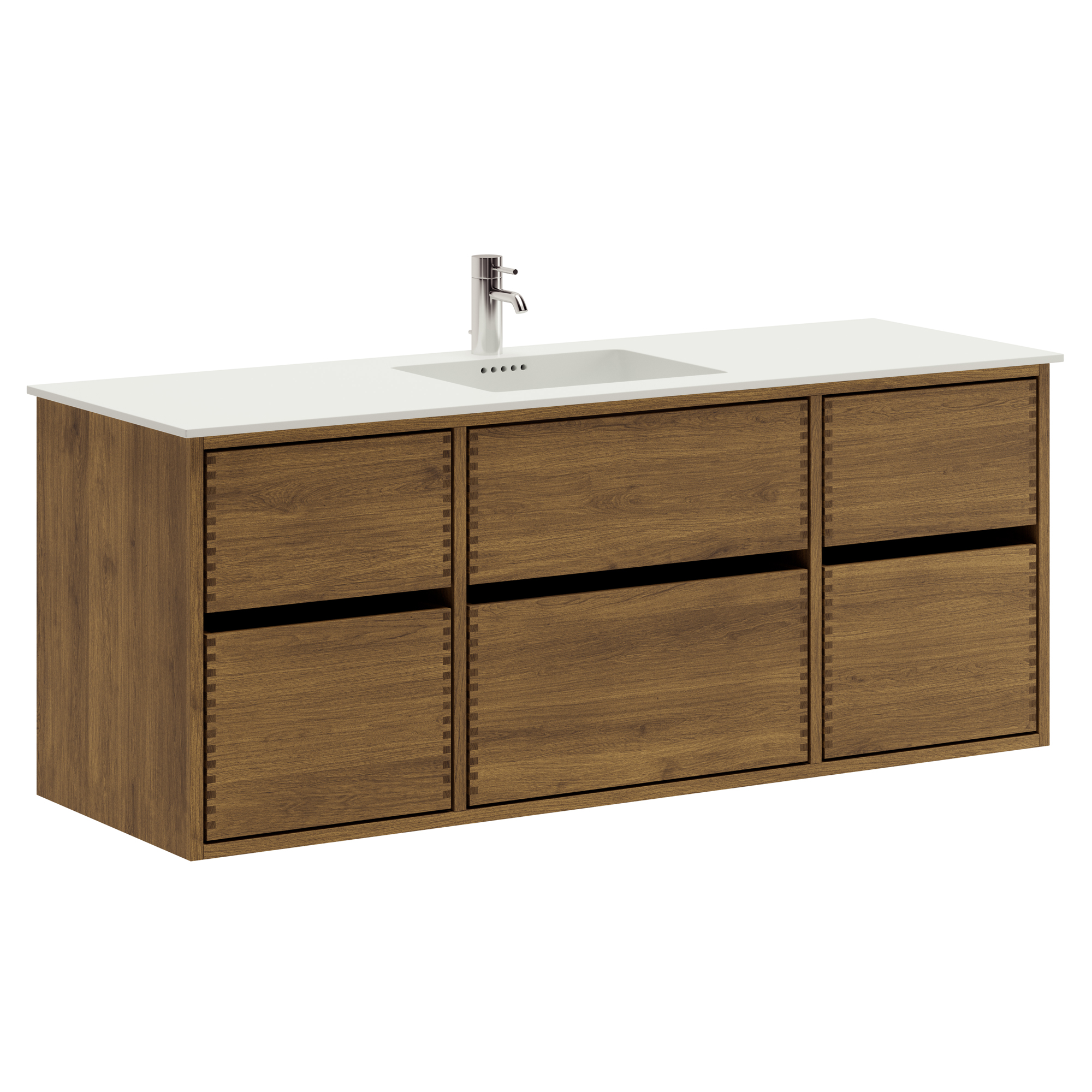 Billede af 140 cm Mørkolieret Just Wood Original badmøbel med 6 skuffer og Solid Surface bordplade