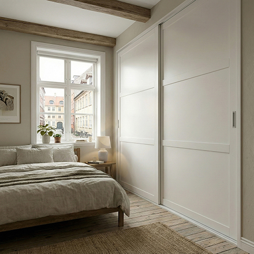 Mogensen Contoura Rammedør skydelåger på mål til garderobe med 2 låger og softclose - Total bredde 152 til 191 cm.