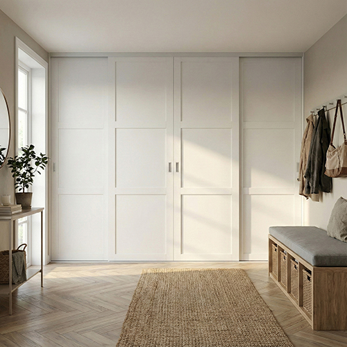 Mogensen Contoura Rammedør skydelåger på mål til garderobe med 4 låger og softclose - Total bredde 244 til 295 cm.